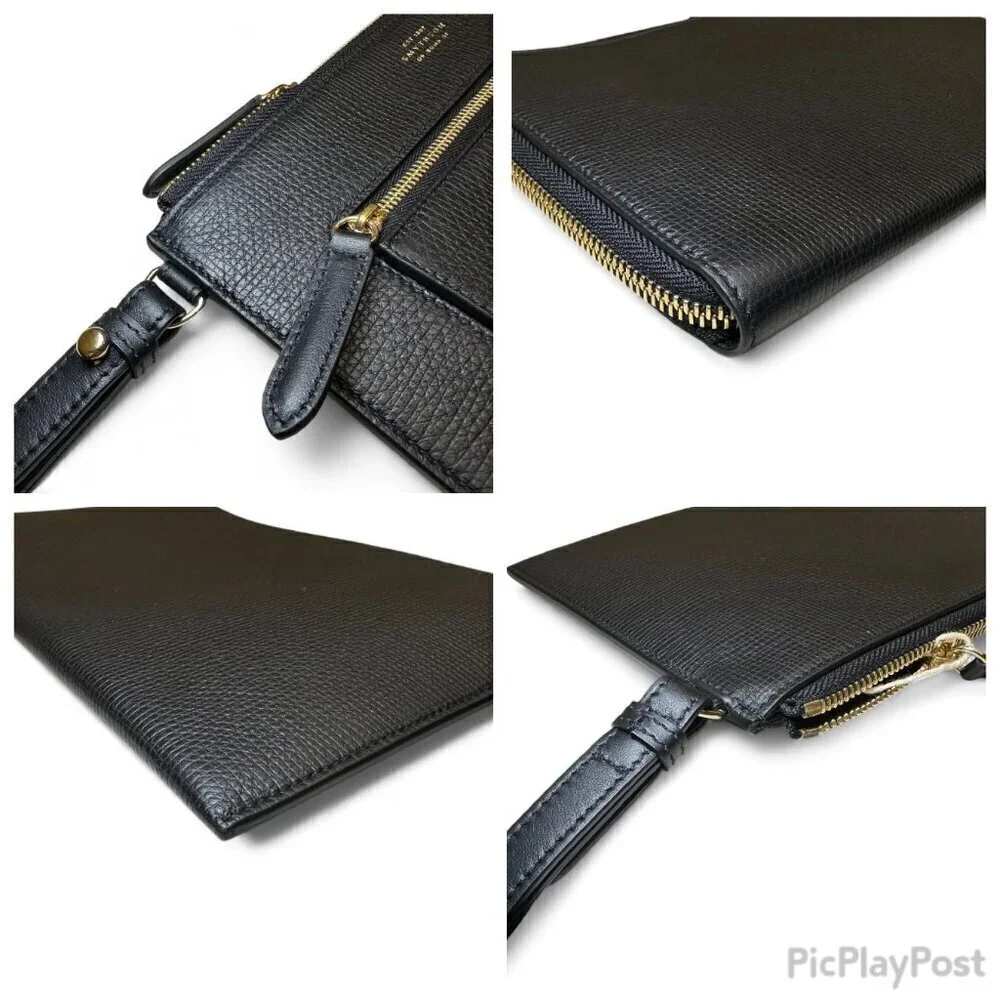 Smythson Men's Black Leather Panama Pochette Pouch, Wristlet - NWOT
